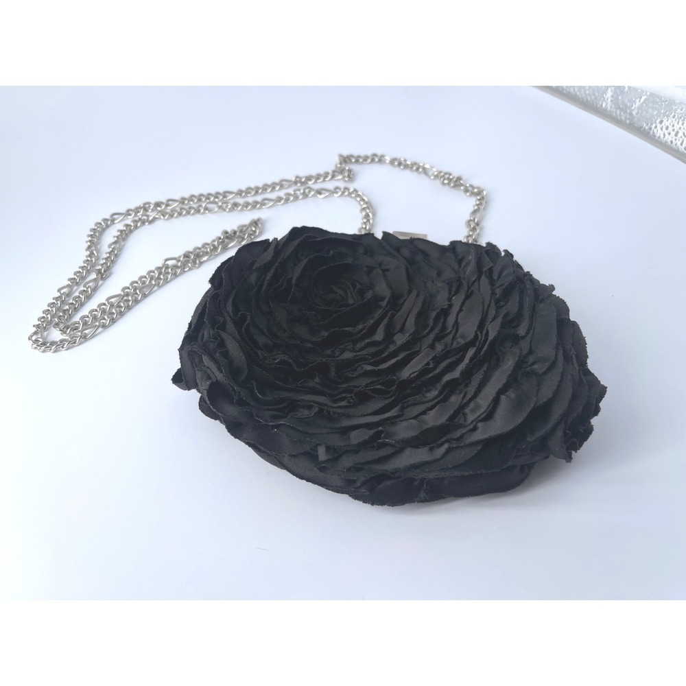 White House Black Market Rosette Evening Bag Clutch Black Removable Chain Strap